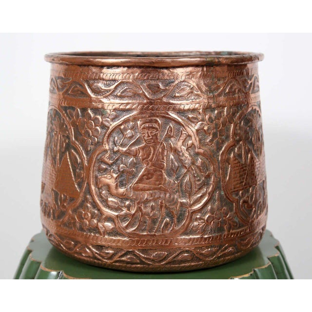Copper hand etched Mamluk style polished cache pot. Hand Etched Copper Jardiniere in the Style of Mamluke, Egypt, 1920...
