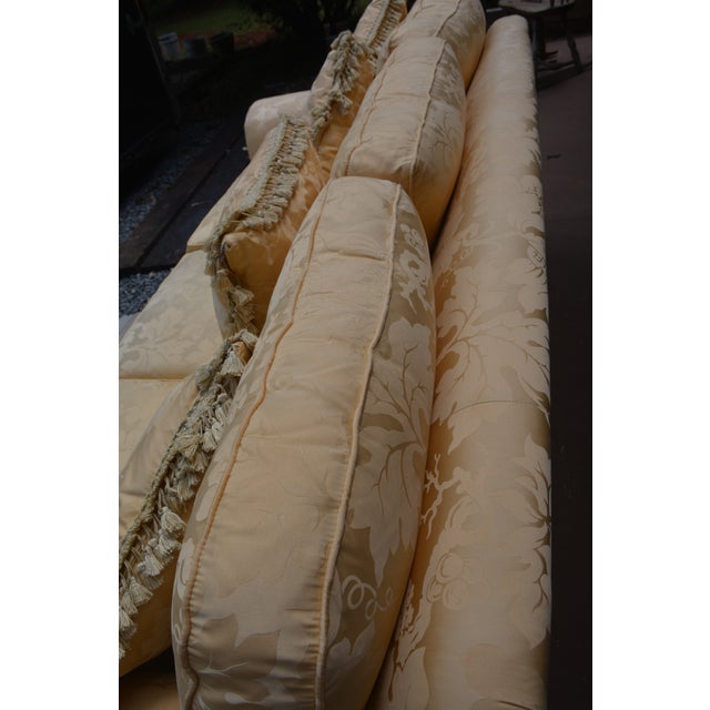 Wood Sherill Yellow Damask Couch W/ Corded Fringed Skirt & Tasseled Throw Pillows For Sale - Image 7 of 18