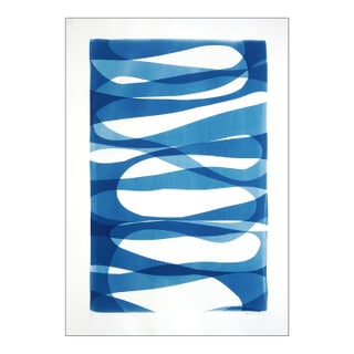 2025, Post Minimalist Monotype Cyanotype Pf School of Fish, Blue and White Abstract Vertical Artwork by Kind of Cyan For Sale