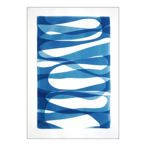 2025, Post Minimalist Monotype Cyanotype Pf School of Fish, Blue and White Abstract Vertical Artwork by Kind of Cyan