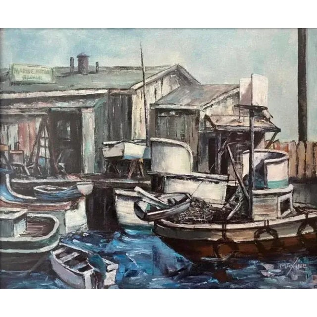Industrial 1970s California Impressionist Seascape Oil Painting Blackie's Boat Yard Newport Beach Waterfront Signed For Sale - Image 3 of 13