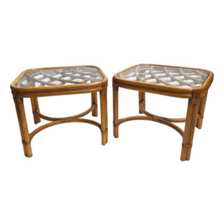 Mid Century Glass Top Bamboo Side Tables - Celerie Kemble Style Mid Century Modern Glamour For Sale