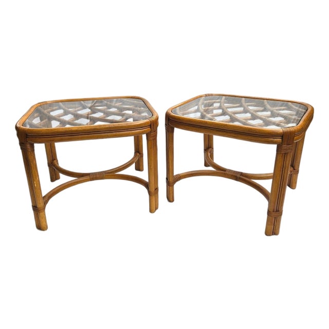 Mid Century Glass Top Bamboo Side Tables - Celerie Kemble Style Mid Century Modern Glamour For Sale