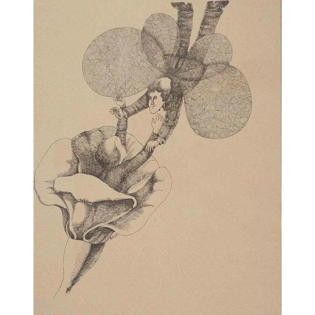 Lovers is an original modern artwork realized by Artist of 1970s. Black and white pen drawing. Includes frame: 53 x 43 cm