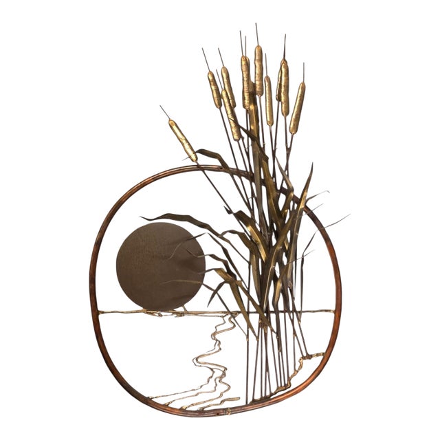 MCM Cattails Wall Sculpture Brutalist Vintage 34 Inch Large Art Copper Brass For Sale