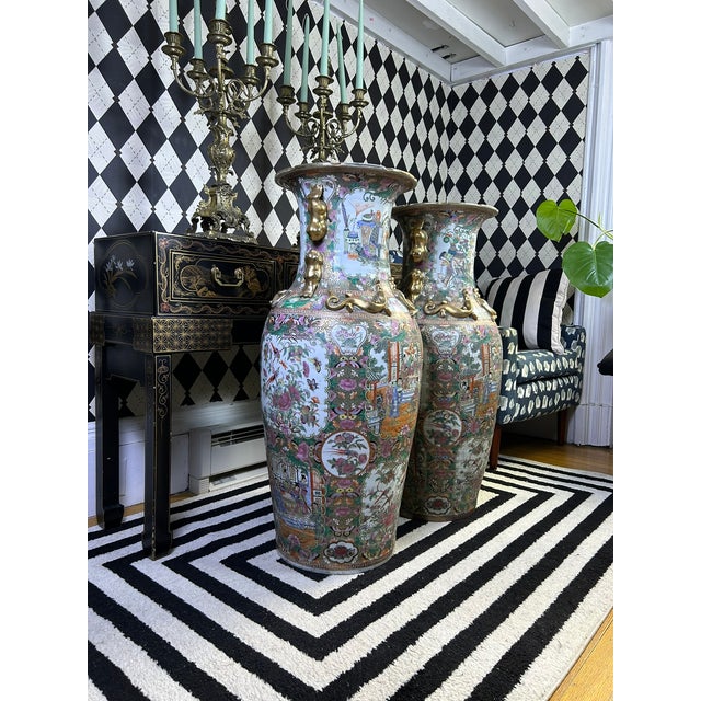 Chinese Chinese Famille Rose Floor Vases With Figural Panels and Gilt Dragon Handles, 38" For Sale - Image 3 of 18