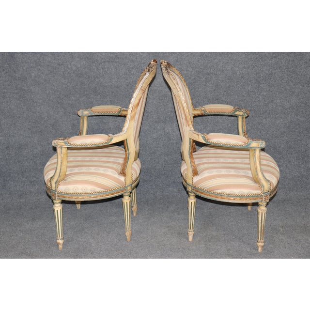 French Pair of 19th C. French Louis XVI Paint Decorated & Gilt Carved Armchairs For Sale - Image 3 of 12