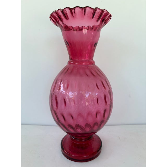 Art Deco Vintage Fenton Cranberry Coin Dot Vase With Ruffled Rim 10.5” For Sale - Image 3 of 7