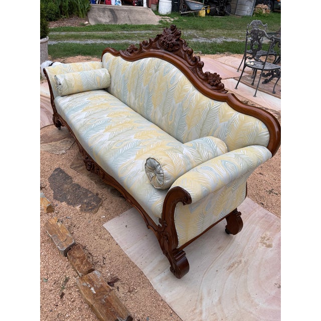 Baby Blue Rococo Revival/Victorian Carved Wood Sofa in Peacock Feather Upholstery For Sale - Image 8 of 11