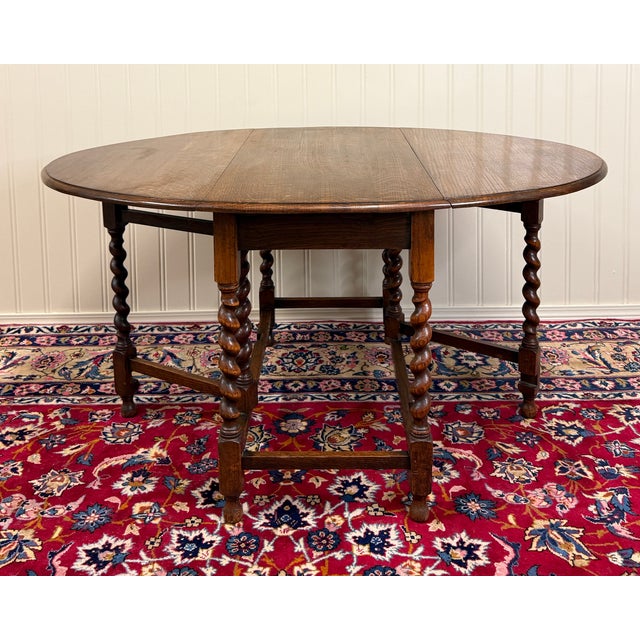 Antique English Large Table Drop Leaf Gateleg Barley Twist Oak Oval C. 1920-30s For Sale - Image 10 of 18