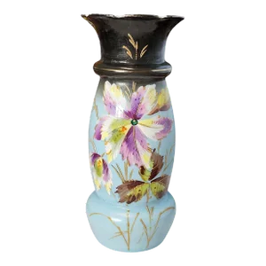 Late 19th Century Victorian Opaline Hand Blown Hand Painted Glass Vase