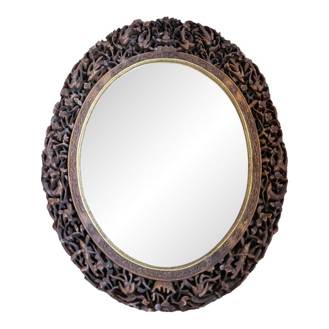 19th Century Chinese Canton Export Carved Reticulated Mirror Frame With Birds For Sale