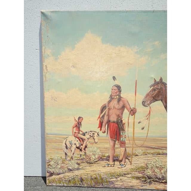 1950s VTG American Indians W Horses Oil Painting Picture Signed W Horse Monogram Fabri For Sale - Image 5 of 15