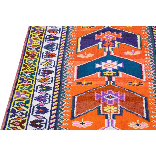 Orange Vintage Turkish Handmade Multicolor Tribal Designed Wool Runner For Sale - Image 10 of 11