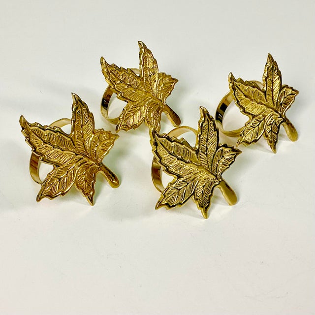 1980s Vintage Boho Chic Adirondack Arts & Crafts Rustic Brass Maple Leaf Napkin Rings - Set of 4 For Sale - Image 4 of 16