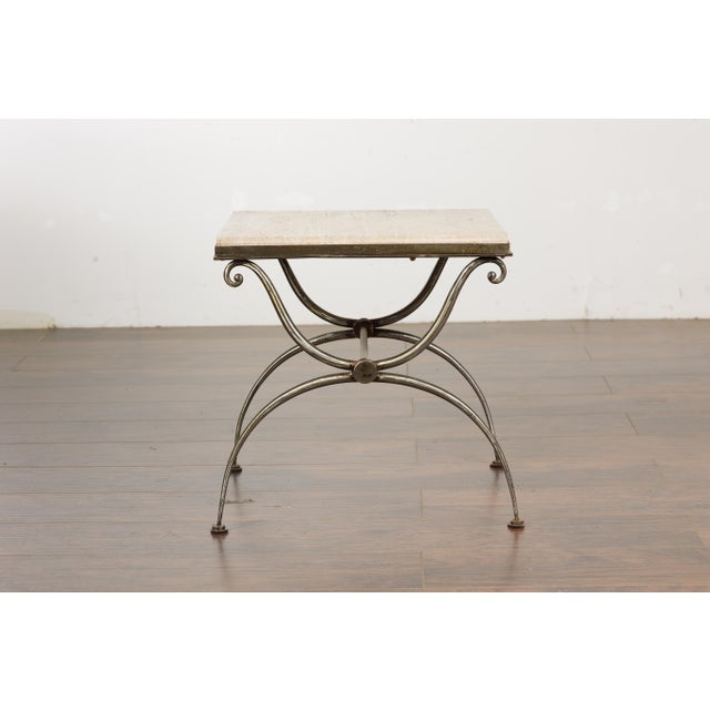 Midcentury French Steel Side Table with Marble Top and Scrolling Supports For Sale - Image 4 of 12