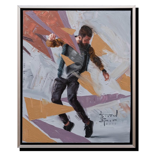 A New Rhythm 1 by Stefan Smit | Oil Painting of a man dancing among abstract shapes For Sale