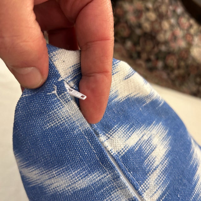 Thick Woven Hand Dyed Ikat Pattern Pillow With New Feather Down Insert For Sale - Image 4 of 8