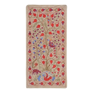 Vintage Pale Color Folk Art Animal Pictorial Suzani Tablecloth From Uzbekistan For Sale