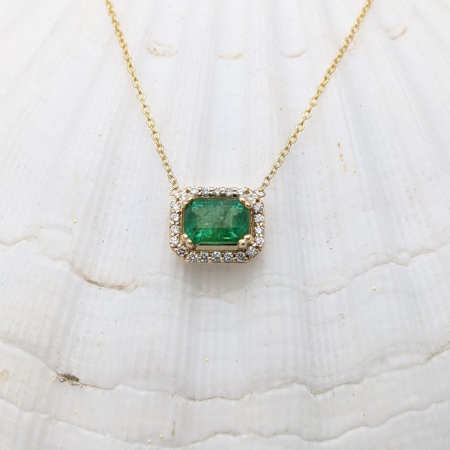 Emerald Pendant Necklace w Earth Mined Diamonds in Solid 14K Gold | EM 7x5mm For Sale In Columbus - Image 6 of 7