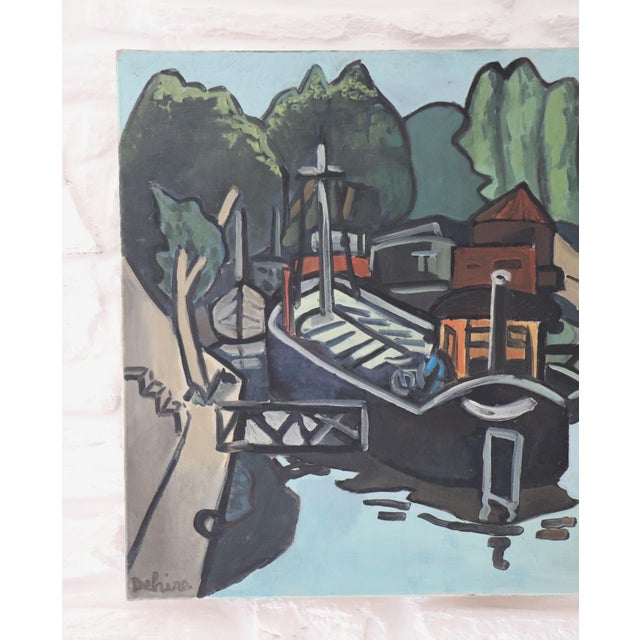 1980s G. Delaire, Barges on the Seine, 20th Century, Oil Painting on Canvas For Sale - Image 5 of 10
