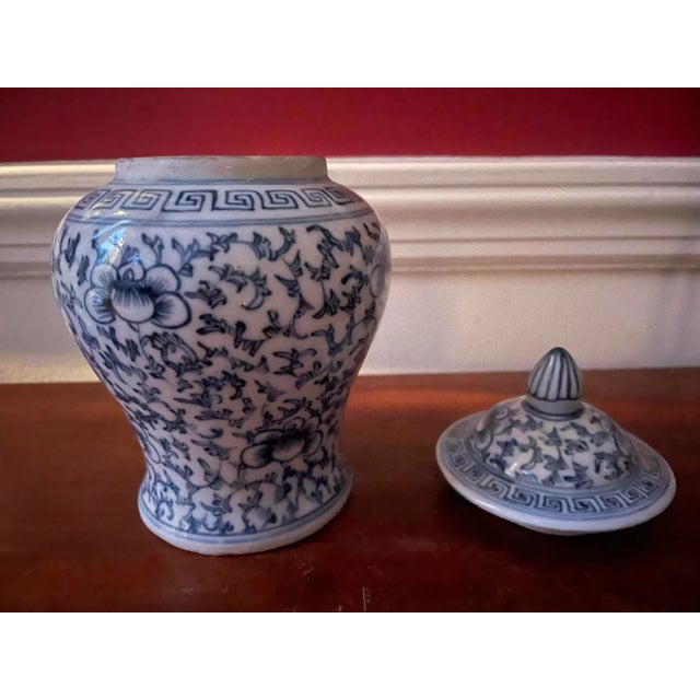 Mid 20th Century 19th C. Petite Blue and White Chinese Porcelain Temple Ginger Jar For Sale - Image 5 of 11