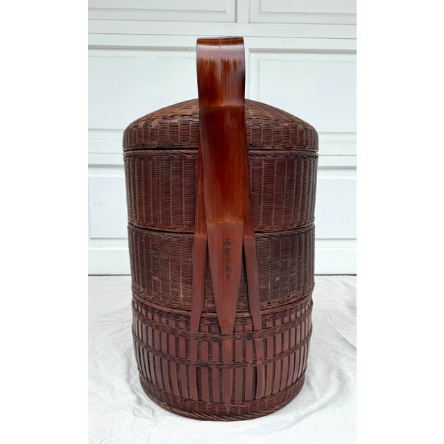 Wood Antique Late 19th C. Chinese Woven Lacquered Bamboo Wedding Basket For Sale - Image 7 of 12