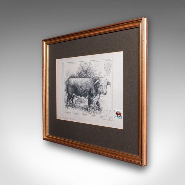 English Vintage Hereford Bull Sketch, English, Framed Art, Stamp Proof, Barry Driscoll For Sale - Image 3 of 11