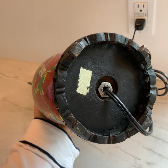 Wood Early 20th Century Red Cloisonné Lamp on Wooden Base With Gold Cloisonné Finial For Sale - Image 7 of 10