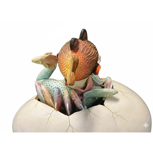 1980s 1980s Large Whimsical Sergio Bustamante "Egg With Fish" “Fish Boy” Hand-Painted Surrealist Sculpture For Sale - Image 5 of 9