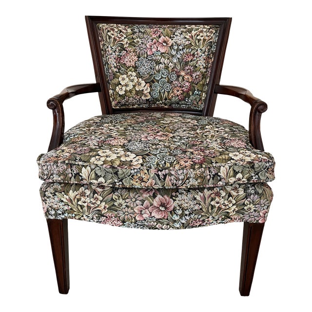 1970s French 18th Century Floral Pattern Mahogany Bergere Armchair Chair For Sale