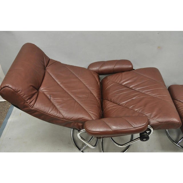 Vintage Ekornes Stressless Brown Leather Reclining Swivel Lounge Chair & Ottoman For Sale - Image 13 of 18