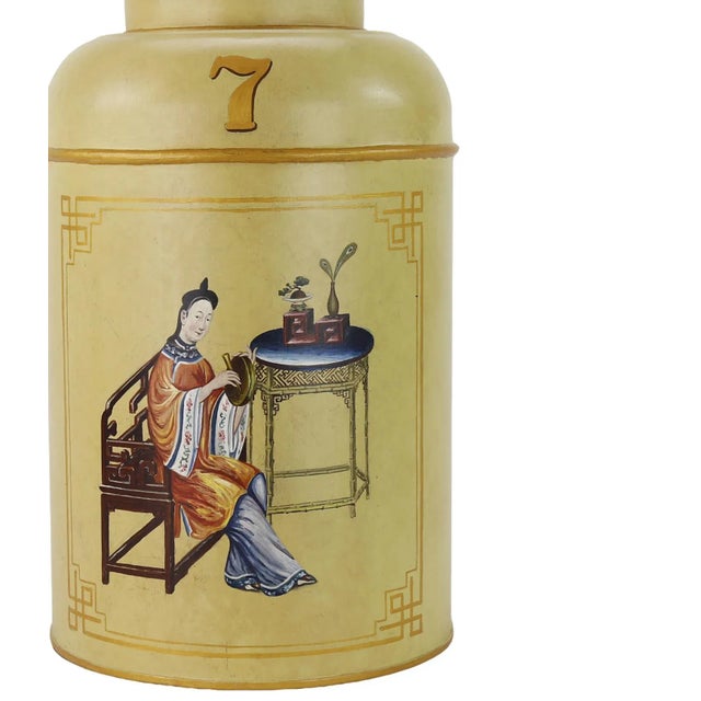 1990s English Chinoiserie Hand-Painted Toleware Tea Caddy Lamps For Sale - Image 4 of 6