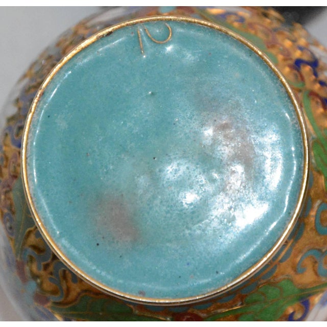 Pair of Chinese Cloisonne Vases on Lacquered Wooden Stands For Sale In Nashville - Image 6 of 9