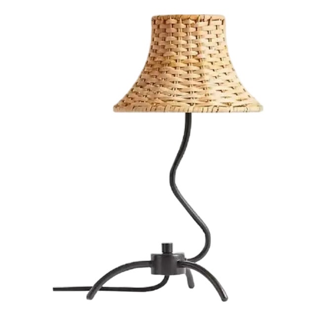 Rattan Shade & Iron Curved Arm Lamp For Sale