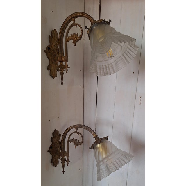 Antique German Wall Lamps with Brass Frame and Glass Shade, 1890s, Set of 2, in Very Good conditions. Designed 1890 to...