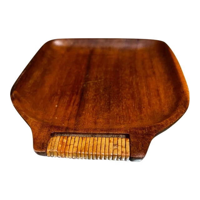 1960s Teakwood Serving Tray Cane Handle For Sale