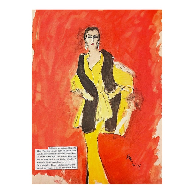 1954 Rare French Dior Couture Fashion Print by Eric, Matted For Sale