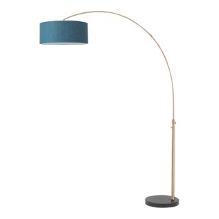 1950s Nova of California Mid Century Floor Lamp - Modern Arc Lamp, Weathered Brass, Pool Blue Linen Shade, Black Marble Base For Sale