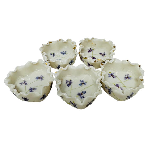 Mid-Century Modern Vintage Hand-Painted Violet Porcelain Salt Cellars, Set of 5, Ruffled Gold Trim Mini Dishes, Unmarked Japan, Lefton China Style, Cottagecore Decor For Sale - Image 3 of 8