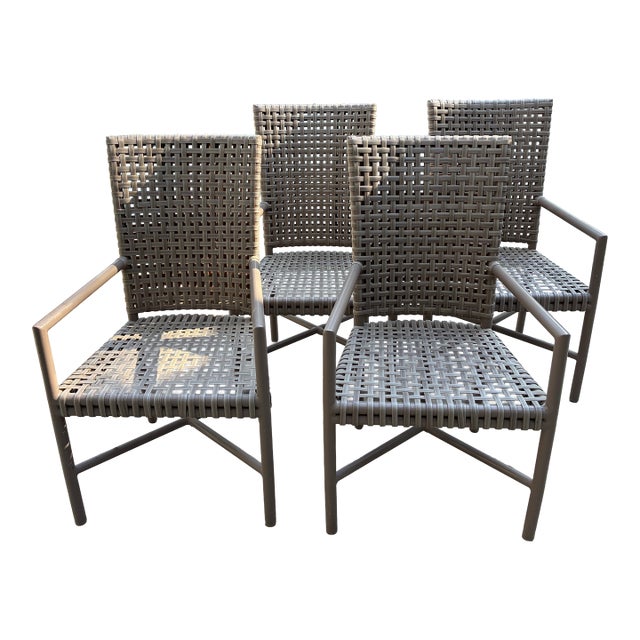 Set of 4 McGuire Woven Resin Outdoor Tall Back Dining Chair For Sale
