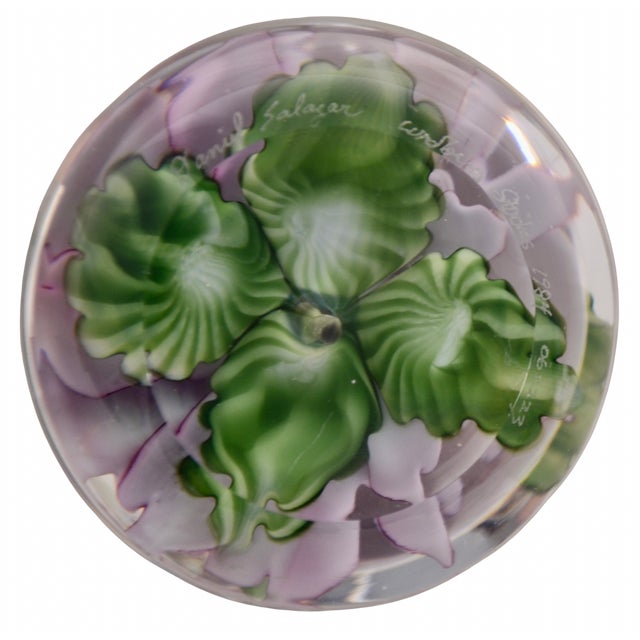 Signed Lundberg Studio Art Glass Floral Paperweight For Sale - Image 4 of 4
