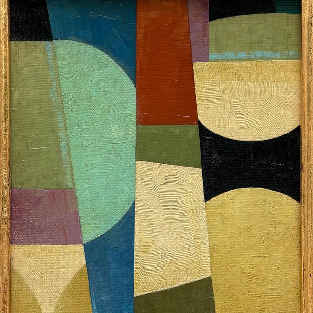 Mid-Century Modern Contemporary Abstract Oil Painting in Vintage Blue Painted Frame For Sale - Image 3 of 6