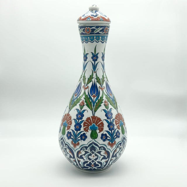 2020s Handmade Ceramic “Nightingale” Surahi Jar (30cm) – Lidded Polychrome Floral Art – Red, Blue & Green For Sale - Image 5 of 8