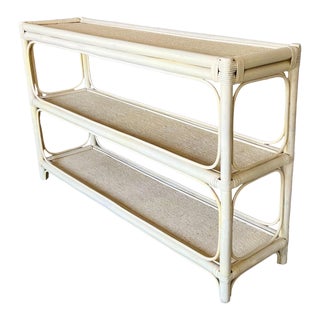 Palm Beach Regency Cream Rattan Wicker Three Tier Console Table, 1970s For Sale