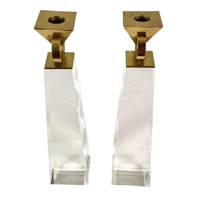 1960s Mid-Century Modern Lucite and Brass Obelisk Candle Holders - A Pair For Sale