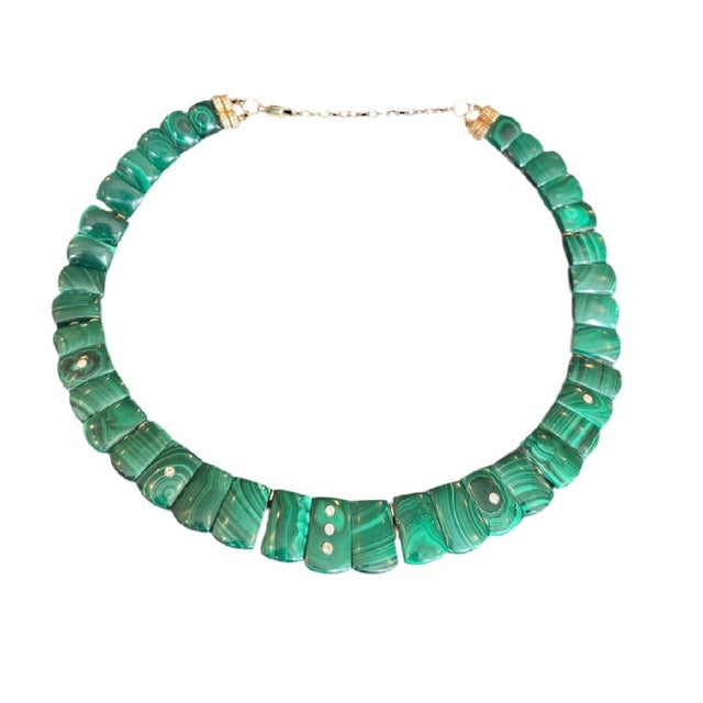 The Cleopatra Malachite Collar Necklace With Diamonds & 14k Gold For Sale - Image 9 of 12