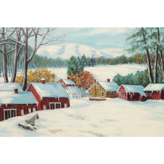 1970s Ann Yost Whitesell 'The Red Barns' Winter Landscape Original Oil Painting For Sale - Image 5 of 12