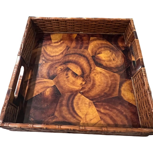 Brown Vintage Mid Century Modern Penshell Rattan Woven Serving Bar Tray Palecek Boho For Sale - Image 8 of 11