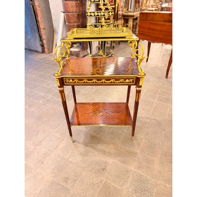 Victorian 1940s French Louis XVI Style Mahogany & Gilt Bronze Two-Tier Serving Table With Tray For Sale - Image 3 of 8